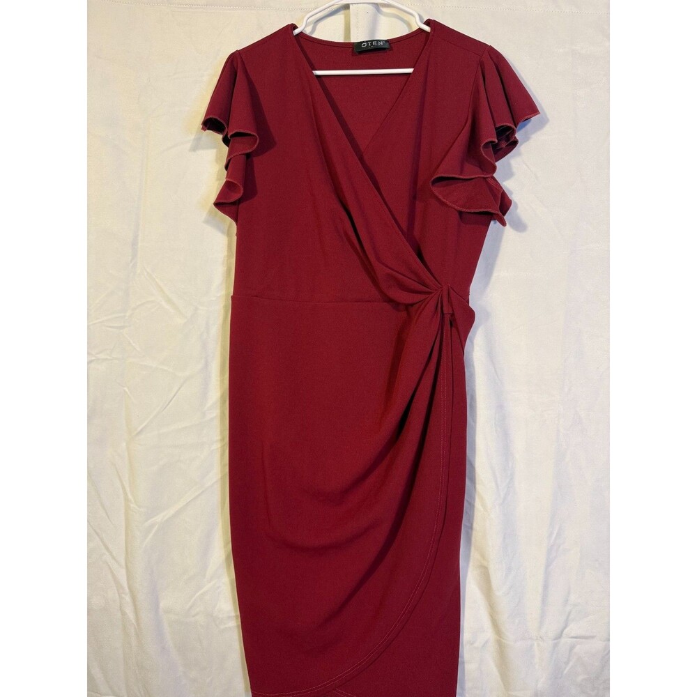 Red Retro Mod Dress Women's XL Ruffles Wrap Belt Midi Capsule Earthy Romantic